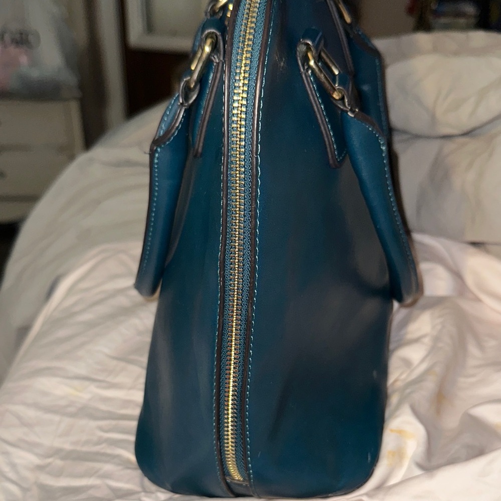 Adrienne Vittadini teal leather satchel gold accents charm and feet like new - Picture 4 of 16